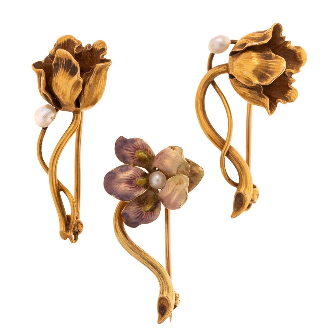 Three Henry Blank & Co Enamel Flower Pins in 14K: c.1900s, three 14K yellow gold Art Nouveau flower brooches by Henry Blank & Co, Newark, NJ, one brooch featuring iridescent yellow and pink enamel flower, each brooch with seed pearl accent, each meas