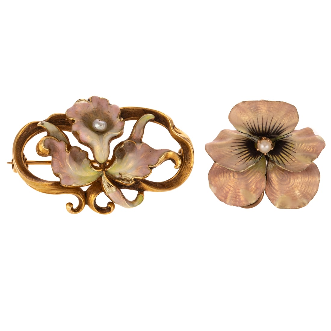 Two Art Nouveau Iridescent Flower Pins in 14K: 1) 14K yellow gold pansy brooch with iridescent light pink and green guilloche enamel with seed pearl in center, 3/4 in. W, and 2) 14K yellow flower brooch with iridescent enamel flower with