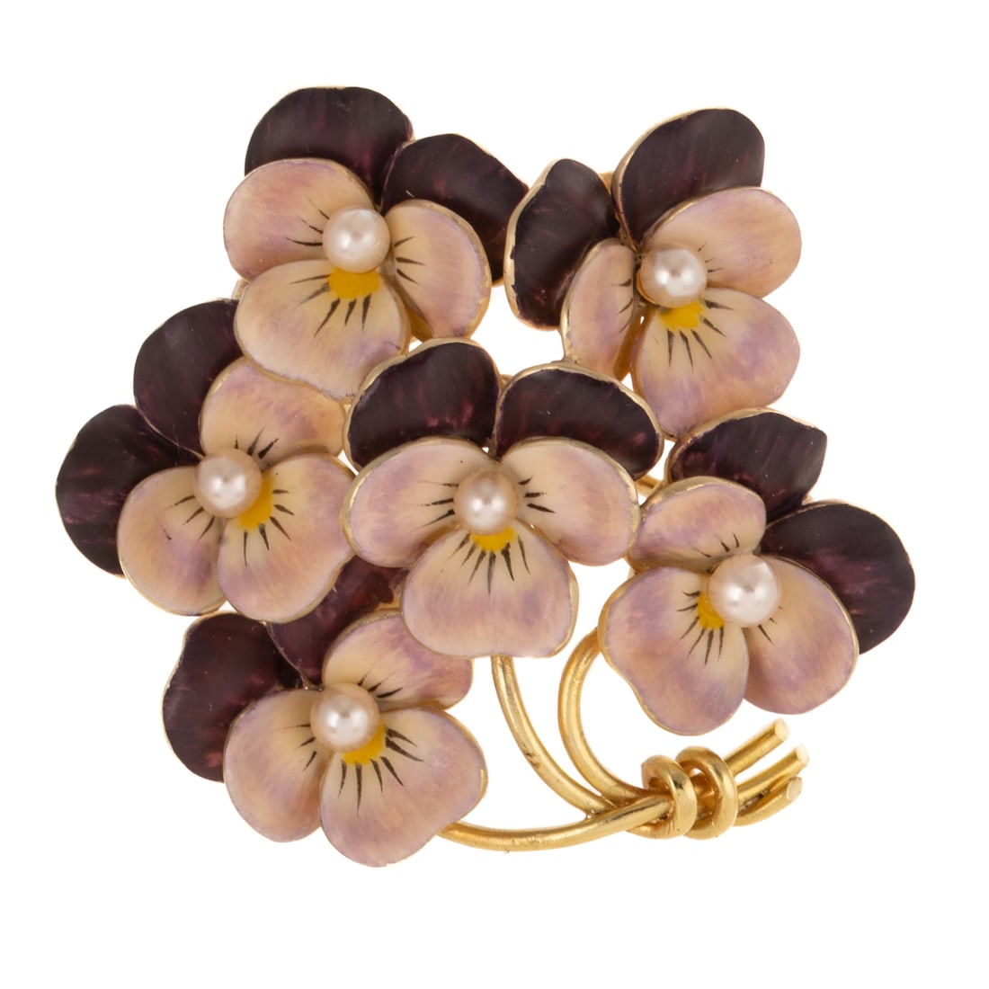 A Pink & Purple Enamel Pansy Brooch in 18K: 18K yellow gold pin/pendant featuring a bouquet of pink and purple pansy flowers with seed pearl centers, high polish wire handle, collapsible bail, 1 3/8 in. L, 9.7 grams Provenance: From the estate