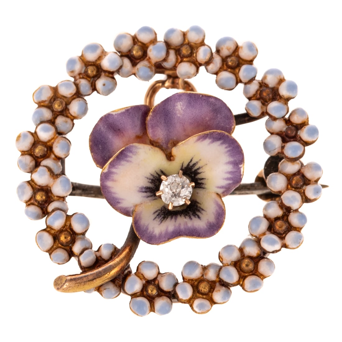 An Enamel Pansy & Diamond Pin/Pendant in 14K: 14K yellow gold pin/pendant featuring a purple enamel pansy with diamond in the center with outer frame of white enamel flowers, collapsible bail on back, 1 in. W, 4.2 grams Provenance: From the