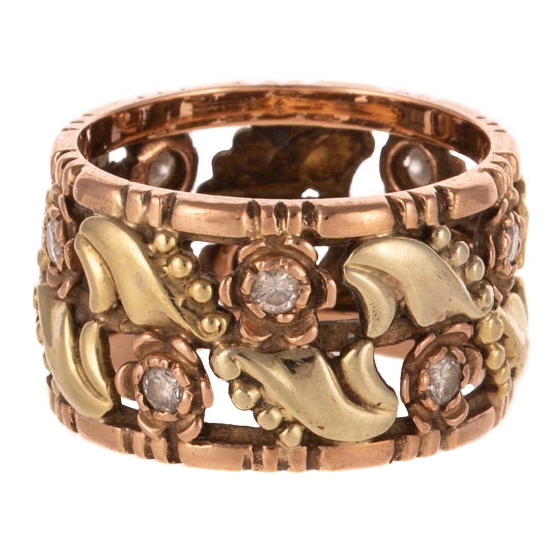 A Retro Wide Leaf Band with Diamonds in 14K: c.1940s, 14K yellow and rose gold wide eternity band with diamonds weighing approx. 0.50 ctw set throughout leaf designs, 1/2 in. W, sz 7, 7.9 grams Provenance: From the estate of a private collector,