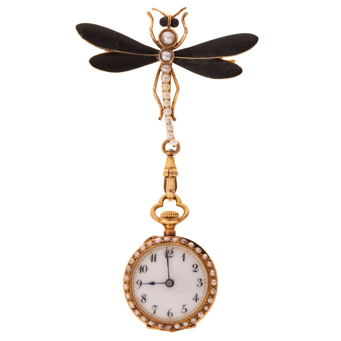 An Oscar Fresard Dragonfly Pendant Watch in 18K & 14K: 18K yellow gold pendant watch by Oscar Fresard, Lucerne, Switzerland, with round white dial, Arabic numerals and split pearl frame, back cover has matte finish black enamel with split pearl frame, wat