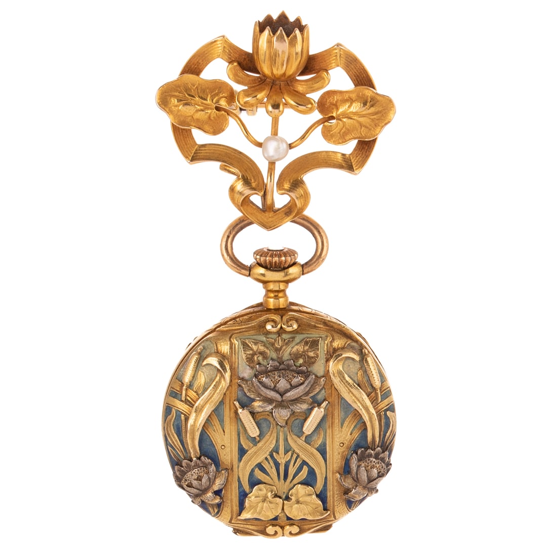 An Art Nouveau Pendant Watch & Brooch in Gold: 18K yellow gold hunter case pendant watch made in Switzerland with applied water flowers set amongst blue and green enamel with monogram on back, watch #291267, hanging on 14K yellow gold brooch by He
