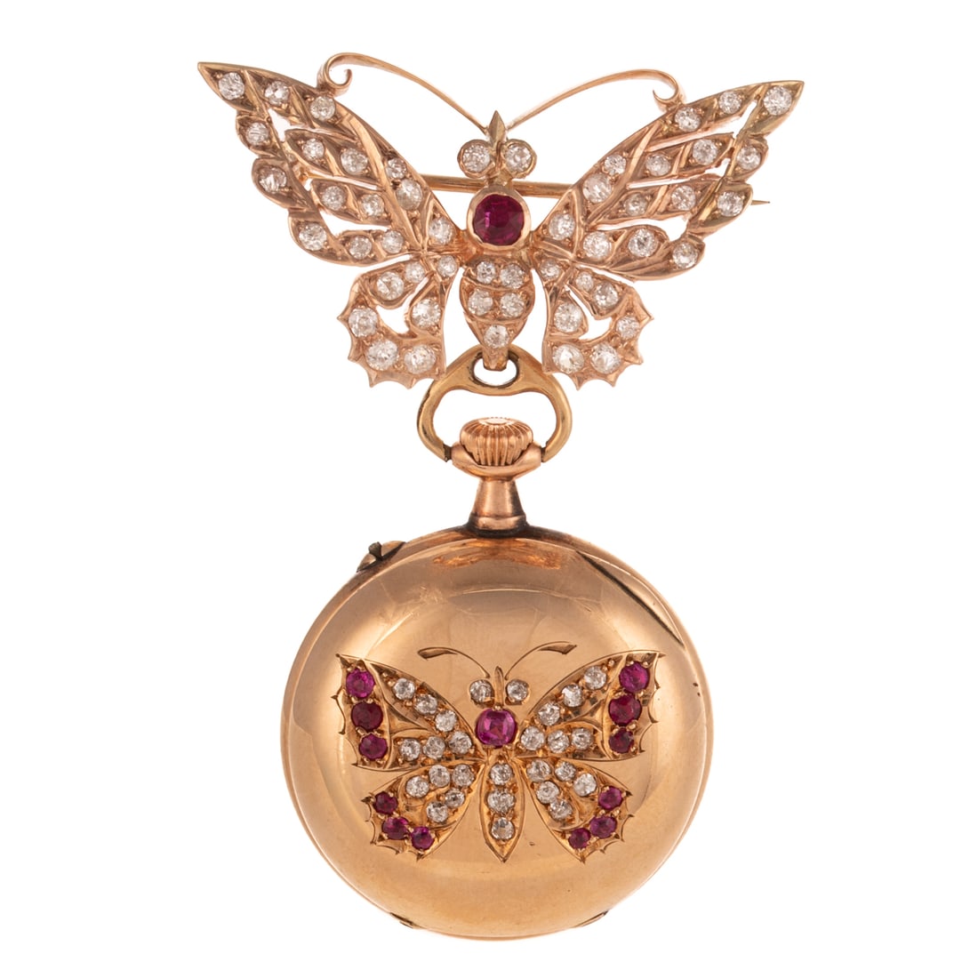 A Late Victorian Pendant Watch & Brooch in Gold: c. 1880s, 14K yellow gold "Lady Racine" hunter case pendant watch made in Switzerland with round diamonds and red spinels, bead set in the form of a butterfly on back, watch #828218, hanging from a 10