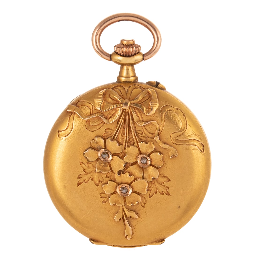 A Late Art Nouveau Pocket Watch by Perudi in 18K: c.1910s, 18K yellow gold hunter case pocket watch by Perudi, Switzerland, the matte cover with beribboned flowers with a trio of rose cut diamond accents, round silvered guilloche dial with black Arab