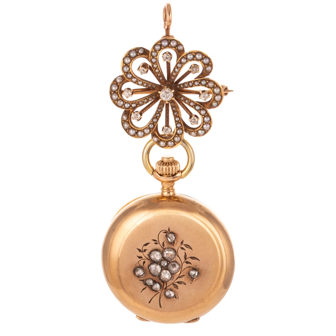 A Late Victorian Pendant Watch & Brooch in Gold: 18K yellow gold hunter case pendant watch made in Switzerland with engraved flowers set with rose cut diamonds, monogram on back, mechanical movement, 25 mm, hanging on 14K yellow gold pendant/brooch 