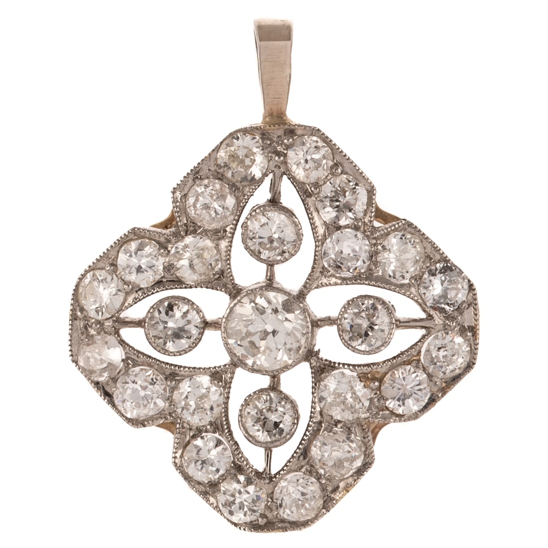 A Victorian Diamond Quatrefoil Pendant in 14K: c.1880s, 14K yellow gold and platinum quatrefoil pendant featuring Old European cut diamonds weighing 1.50 ctw with an average color grade of H - I and an average clarity grade of VS, milgrain accent,