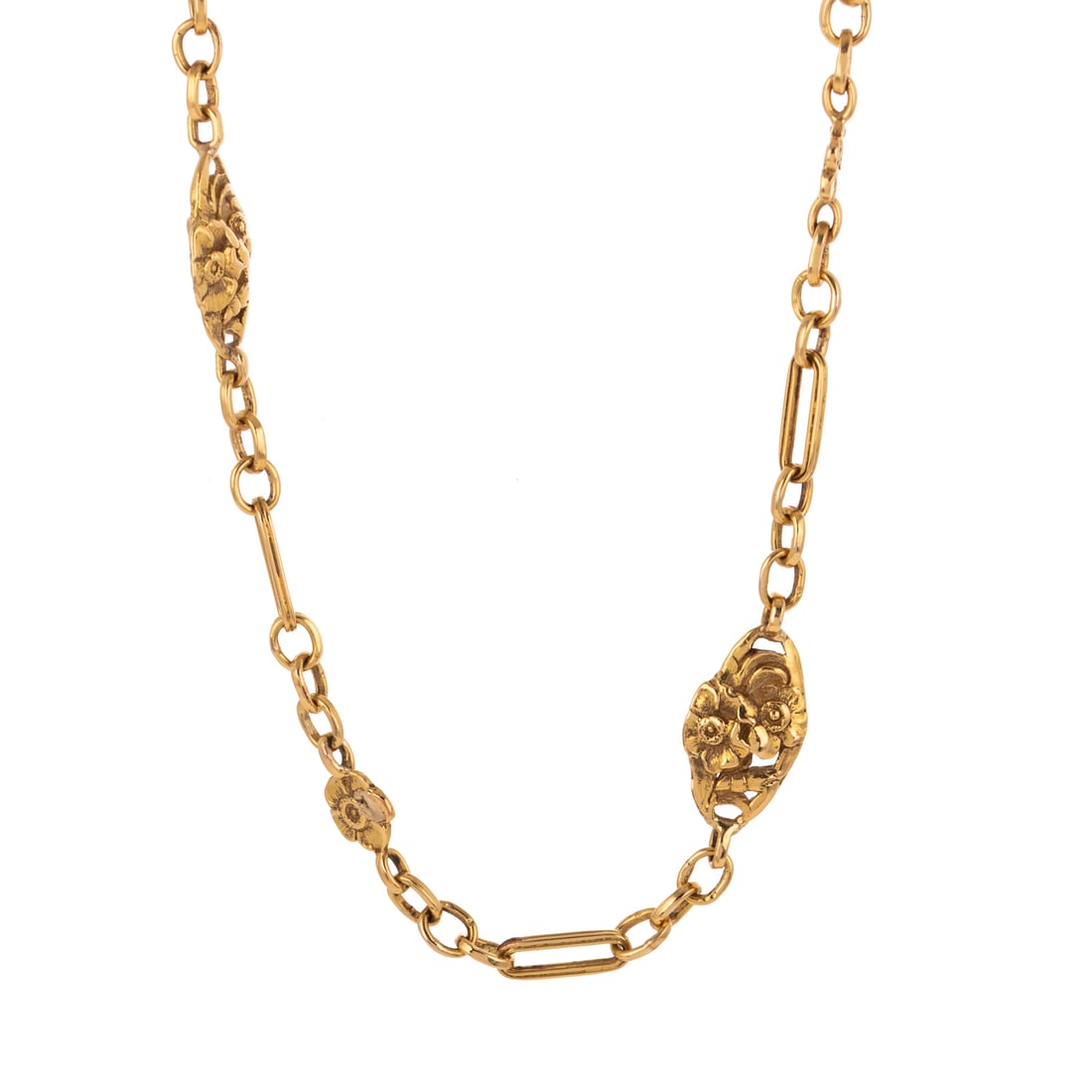 An Art Nouveau Floral Link Necklace in 14K: 14K yellow gold double sided flower link chain necklace, flower links alternate with open elongated links, large spring ring clasp, 24 in. L, 42.1 grams Provenance: From the estate of a private collec