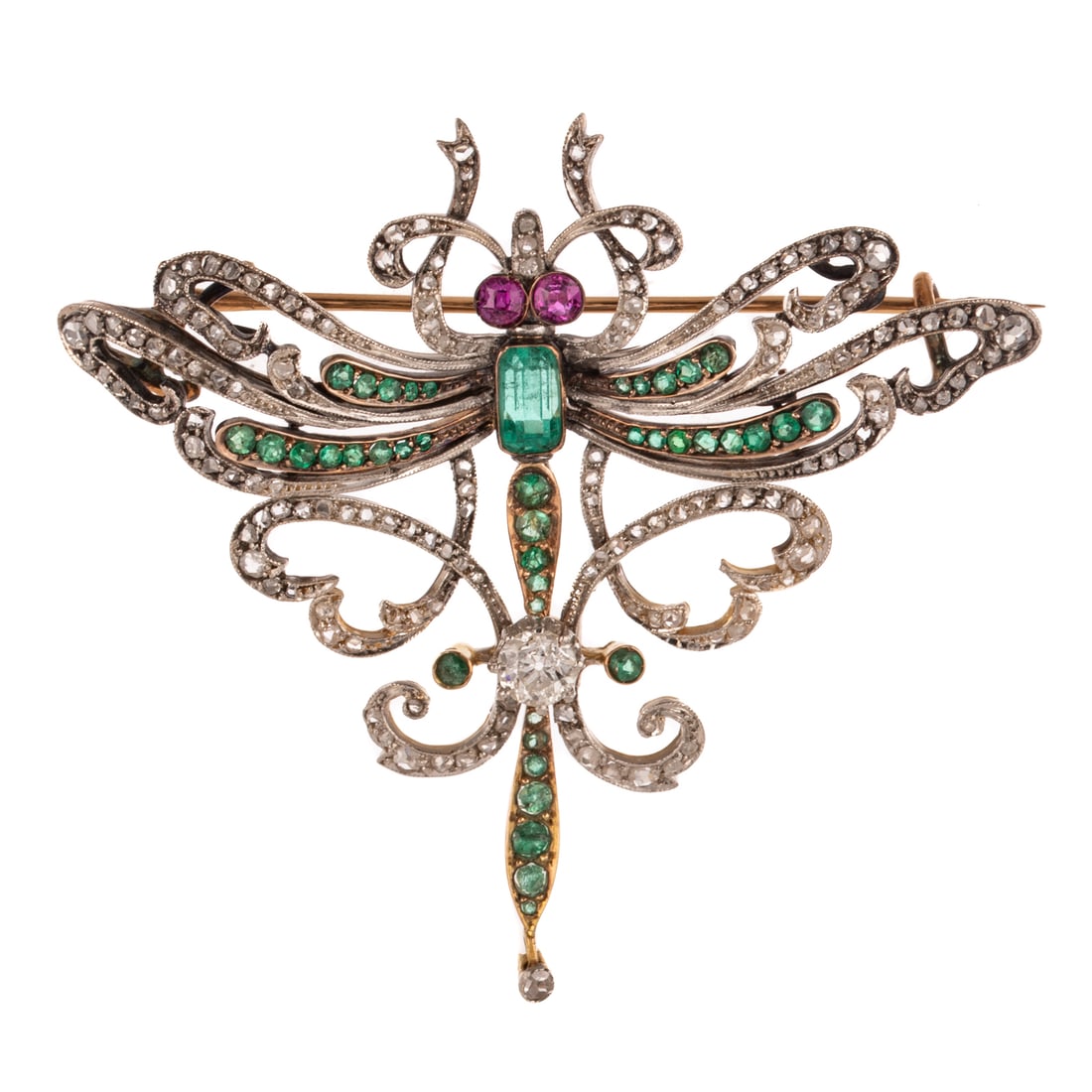 A Late Victorian Diamond, Emerald & Ruby Dragonfly in 18K (1 of 3)