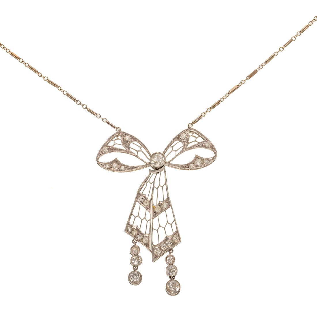 An Edwardian Diamond Bow Necklace in Platinum: c.1900s, platinum central open articulating bow pendant featuring Old European cut diamonds weighing approx. 1.50 ctw with an average color grade of H - I and an average clarity grade of VS set into o