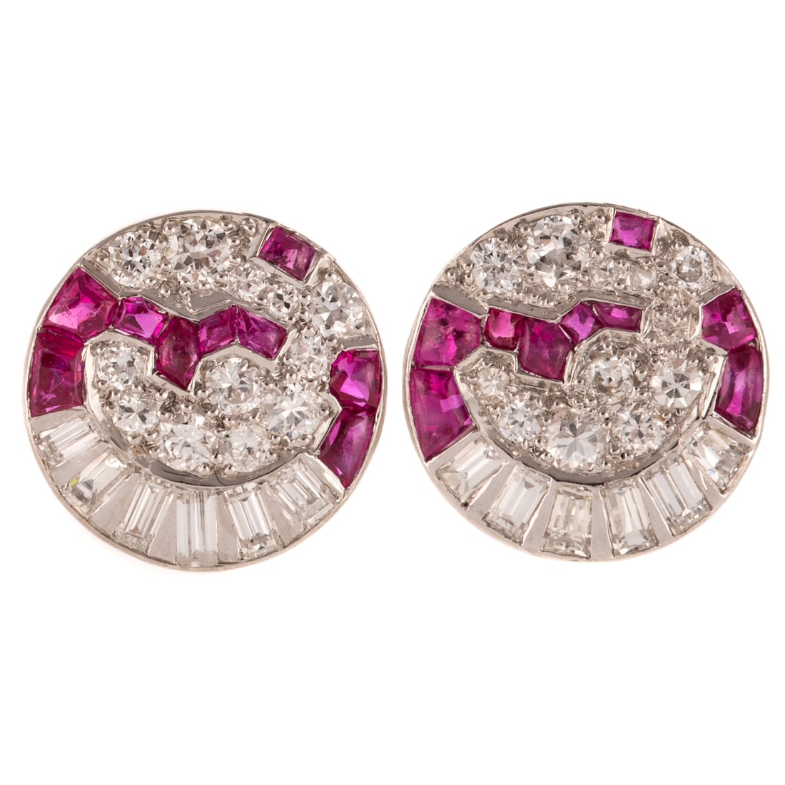 A Pair of Art Deco Ruby & Diamond Earrings in Platinum: c.1920s platinum disc earrings featuring very fine buff top rubies set into geometric design with baguette and round diamonds weighing approx. 0.80 ctw, 1/2 in. W, posts with friction backs, 3.9 grams