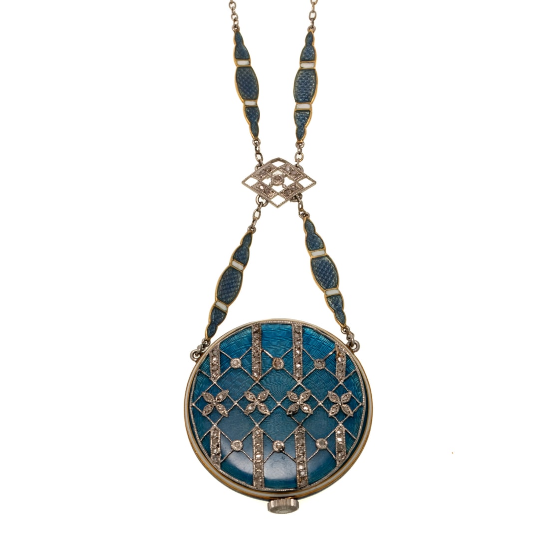 A French Enamel Diamond Pendant Watch & Chain in 18K (1 of 5)