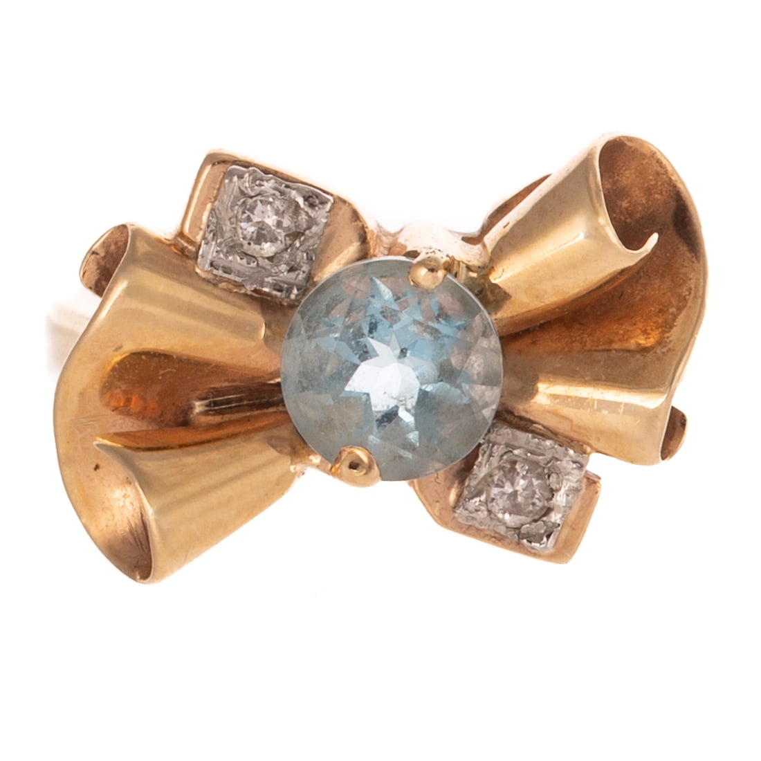 A Retro Aquamarine & Diamond Ring in 14K & Platinum: c.1940s, 14K yellow gold ring featuring a round aquamarine measuring 6.2 mm prong set in a high polish yellow gold scroll with two round diamond accents bead set in platinum, sz 6.75, 4.8 grams Proven