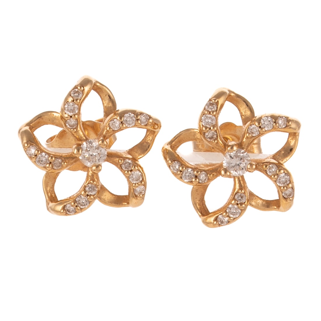A Pair of Diamond Pinwheel Stud Earrings in 14K: 14K yellow gold stud earrings in pinwheel design featuring diamonds weighing approx. 0.30 ctw, posts with friction backs, 1/2 in. W, signed H*N, 1.9 grams