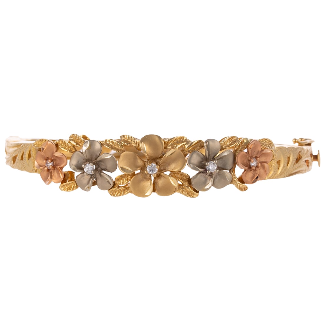 A Tri-Color Flower with Diamonds Bangle in 14K (1 of 6)