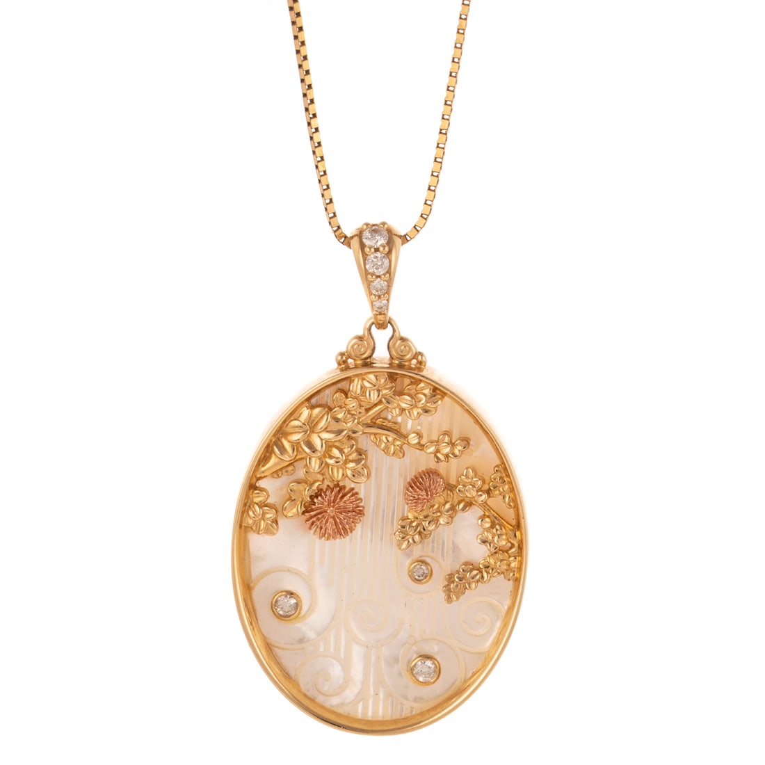 A MOP 'Ohi'a Lehua Waterfall Pendant in 14K: 14K b-colored pendant featuring a Mother-of-Pearl panel with waterfall motif with round diamonds bezel set details bezel set in a high polish frame with rose gold 'ohi'a lehua flower overlay, round di