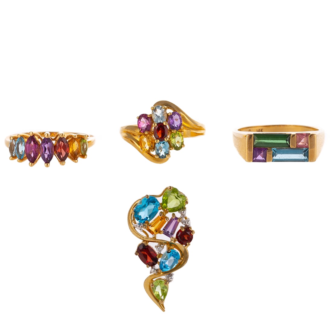 A Collection of Multi-Gemstone Jewelry in 14K: 1) 14K yellow gold band by Kabana featuring bar set multi color gemstones including green and pink tourmaline, blue topaz and amethyst, sz 7.5, signed, and 2) Three pieces of 14K yellow gold multi col