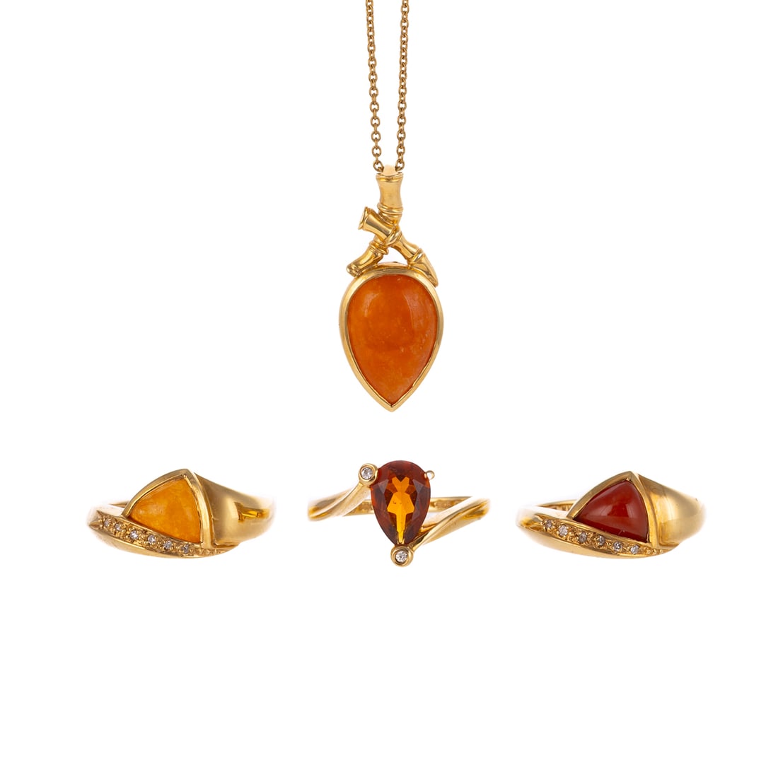 A Trio of Rings & Pendant Necklace in 14K & 18K: 1) 14K yellow gold ring with a pear shape citrine prong and custom set, with two round diamonds bezel set, sz 6.25, 2) Two 14K yellow gold rings, each with a triangular cabochon hardstone, round diamo