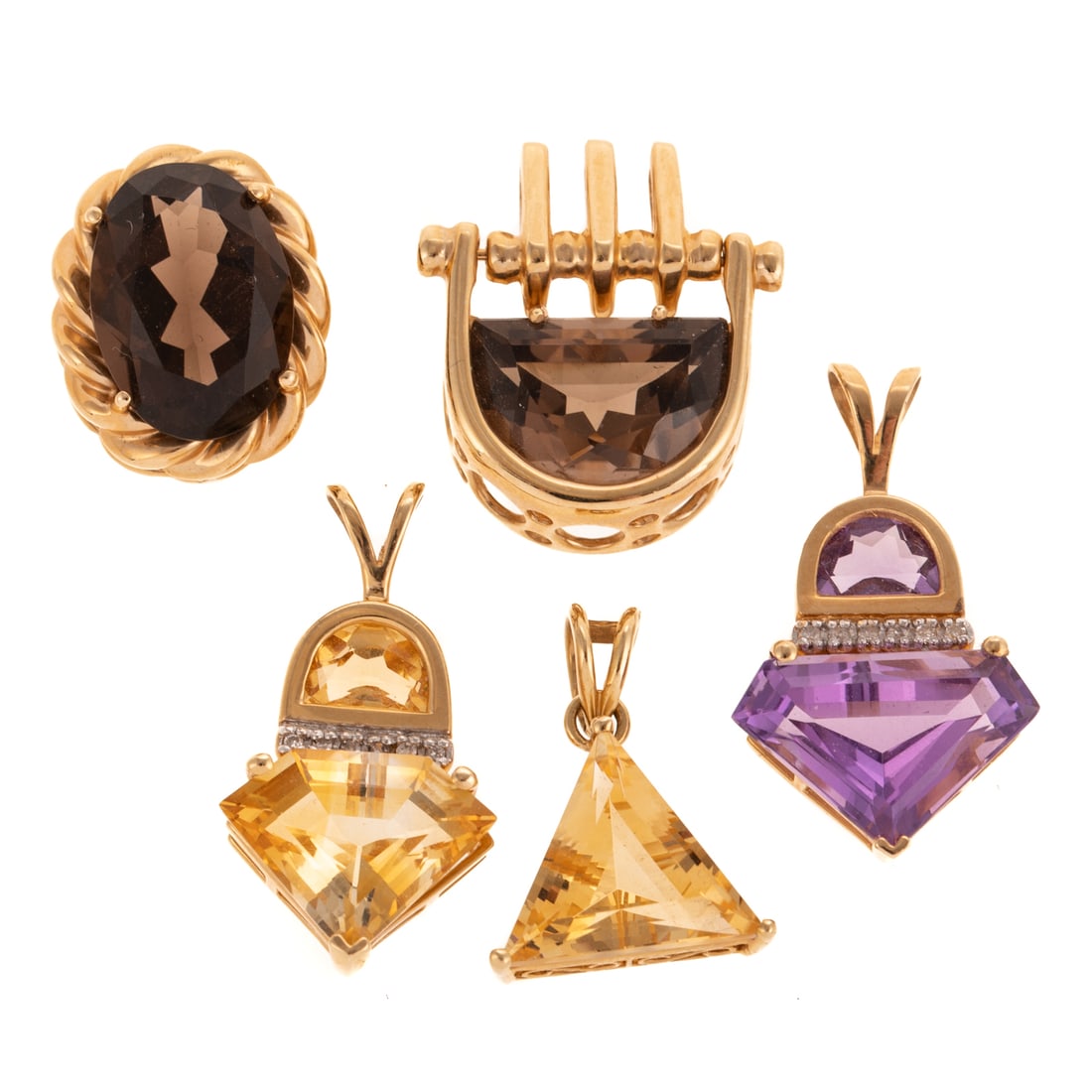 A Group of Five Modern Gemstone Pendants in 14K: 14K yellow gold group of five pendants including, 1) half-moon cut smoky quartz, channel and prong set, suspended from a trio of rectangular bails, 3/4 in. W, 2) oval shape smoky quartz 14 x 10 mm, pr