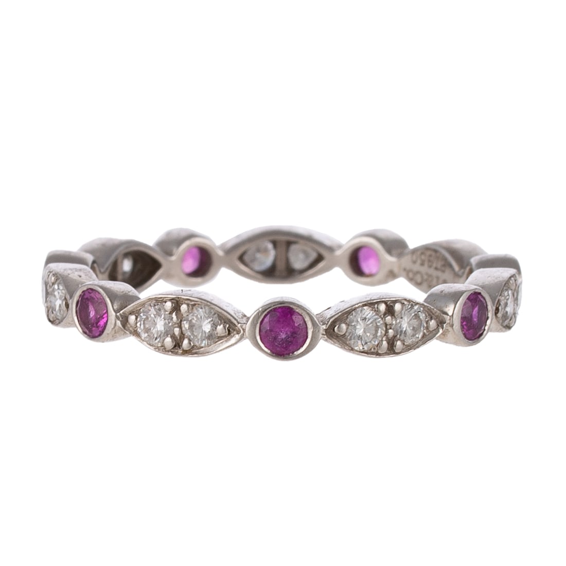A Tiffany & Co Jazz Pink Sapphire & Diamond Band in Platinum: Platinum eternity band by Tiffany & CO, from the Jazz Collection featuring round bezel set bright pink sapphires weighing approx. 0.40 ctw alternating with diamonds weighing approx. 0.35 ctw, sz 7.75,