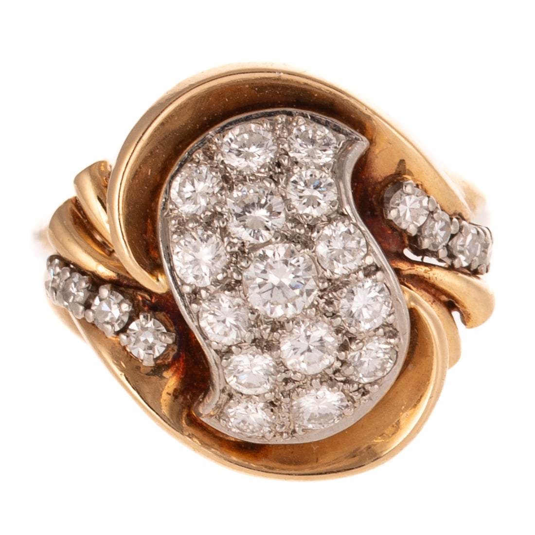 A Retro Pave Diamond Swirl Ring in 14K: c.1940s, 14K yellow gold ring featuring pave set diamonds weighing approx. 1.50 ctw with an average color grade of G - H and an average clarity grade of VS, sz 7.5, 7.9 grams