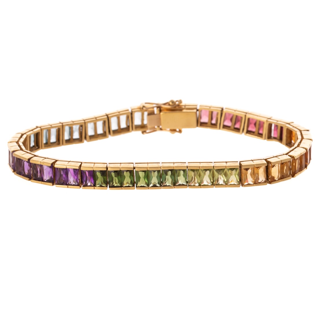 A Gemstone Rainbow Link Bracelet in 14K: 14K yellow gold link bracelet featuring channel set rectangular faceted gemstones including blue topaz, amethyst, peridot, citrine and garnets in varying colors, box clasp with double safety latch, 7