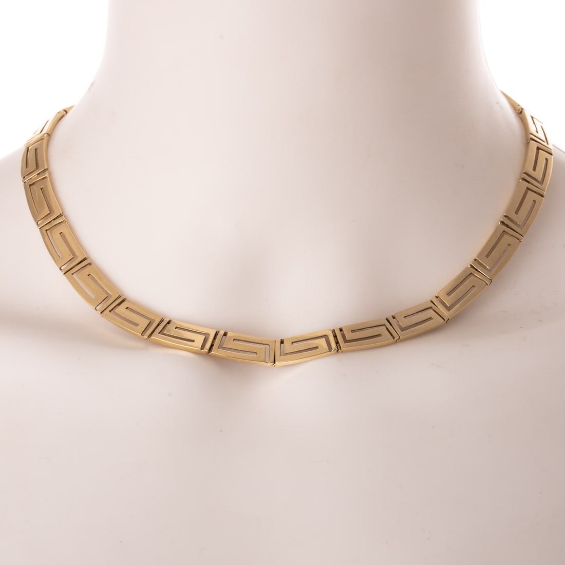 A Greek Key Link Necklace in 14K: 14K yellow gold necklace designed with rectangular Greek key links with high polish finish, box clasp with safety latch, 16 1/2 in. L, 31.0 grams Provenance: From the private collection of a