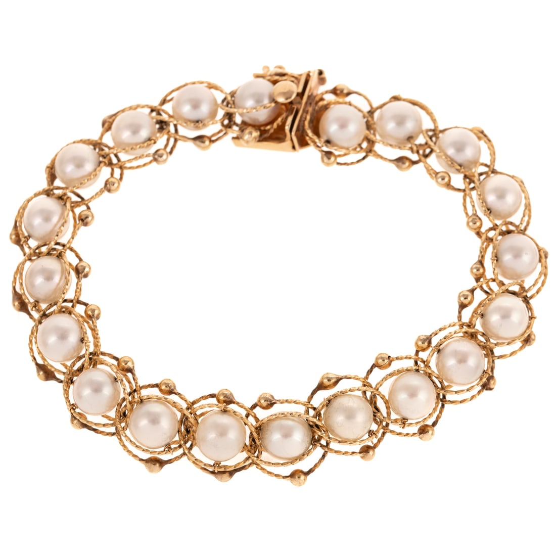 A Twisted Gold Pearl Bracelet in 14K: 14K yellow gold bracelet featuring FWP measuring 6.5 mm set in middle of twisted gold frames, box clasp with safety latch, 7 1/4 in. L, 20.2 grams Provenance: From the private collection of a