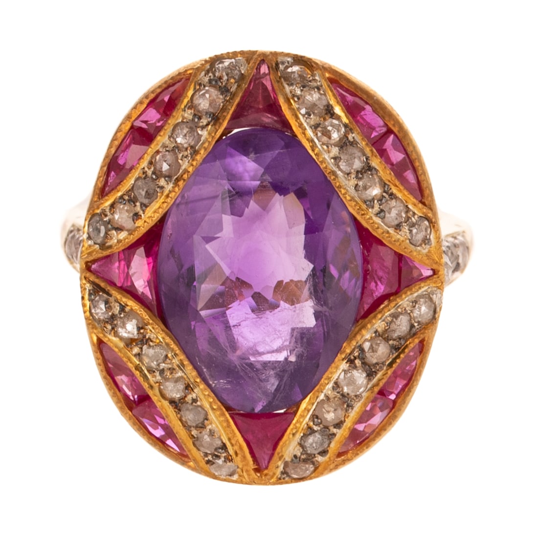 An Amethyst, Ruby & Diamond Ring in Vermeil: Vermeil and sterling silver ring featuring an oval amethyst weighing approx. 4.00 cts. custom set, with swags of rose cut diamonds bead set at each corner and down the shoulder weighing approx. 0.80 c