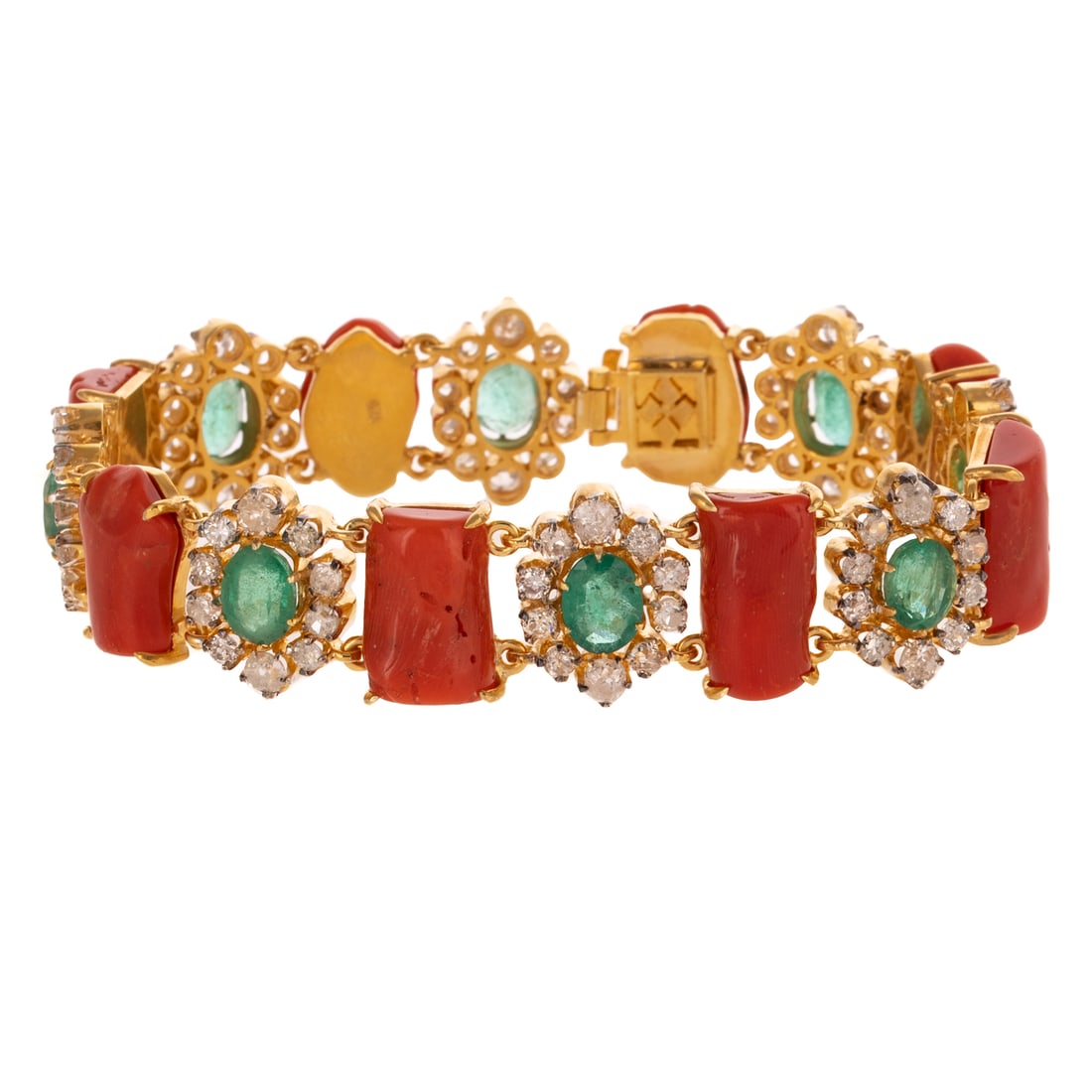 An Emerald, Diamond & Coral Bracelet: Vermeil and sterling silver bracelet featuring eight links of oval shape emeralds prong set with halos of Old Mine and Old European cut diamonds, all diamonds weighing approx. 6.14 ctw, and all emeral
