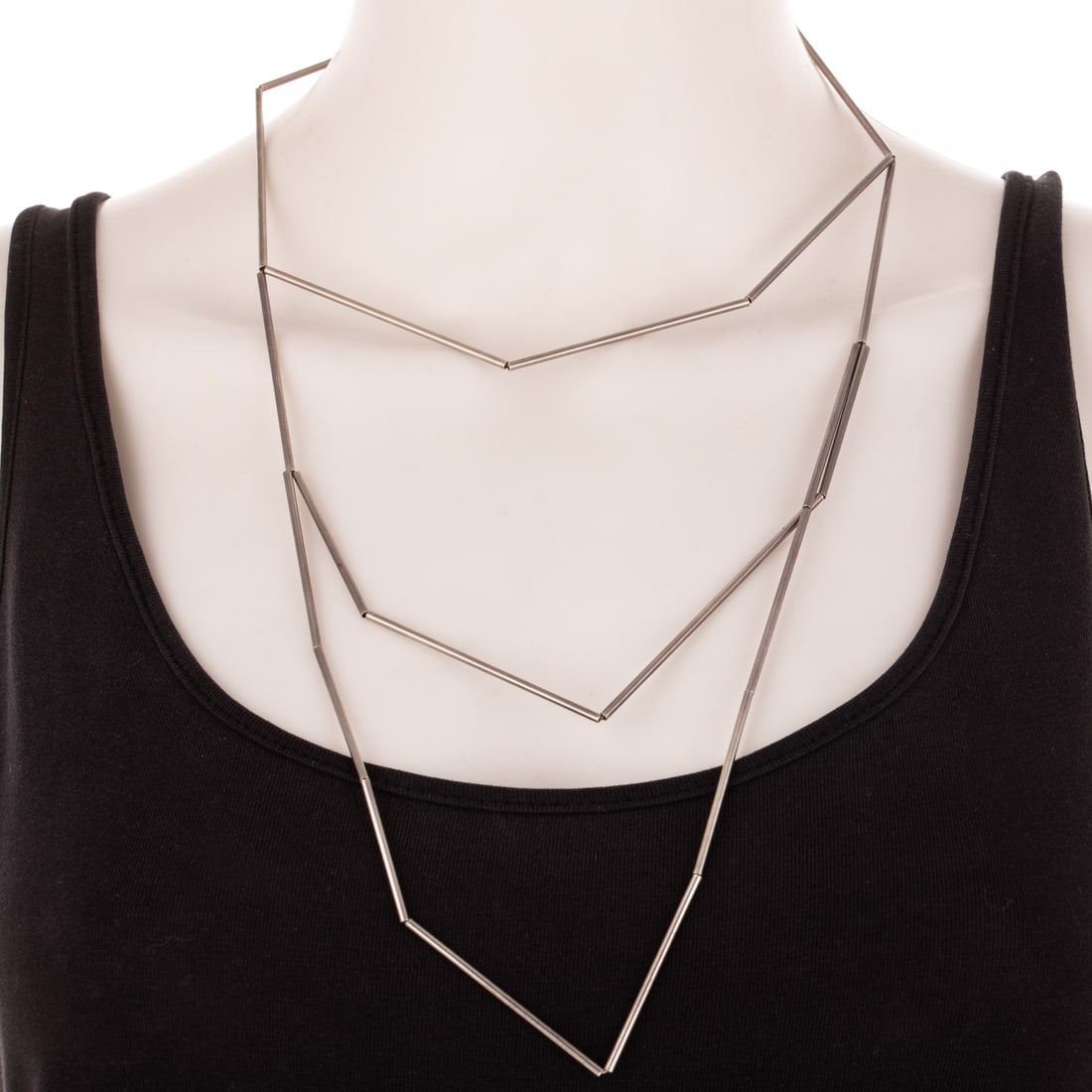 A Betty Cooke Tubular Link Necklace in Sterling Silver: Sterling silver necklace by Betty Cooke (1924 - 2024), Baltimore, MD with various length high polish tubes, unsigned, 28 1/2 in. L, 17.8 grams