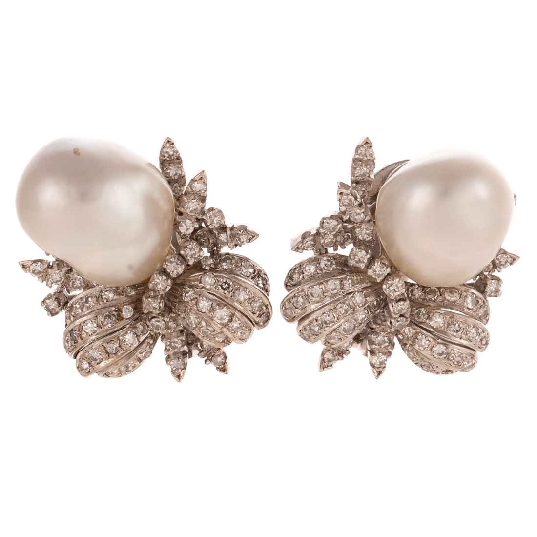 A Pair of GIA South Sea Pearl & Diamond Earrings in 18K: 18K white gold earrings featuring semi baroque South Sea pearls measuring approx. 13 x 11.6 mm, accompanied by GIA Pearl Identification Report #2241031779 indicating no treatment, with diamonds