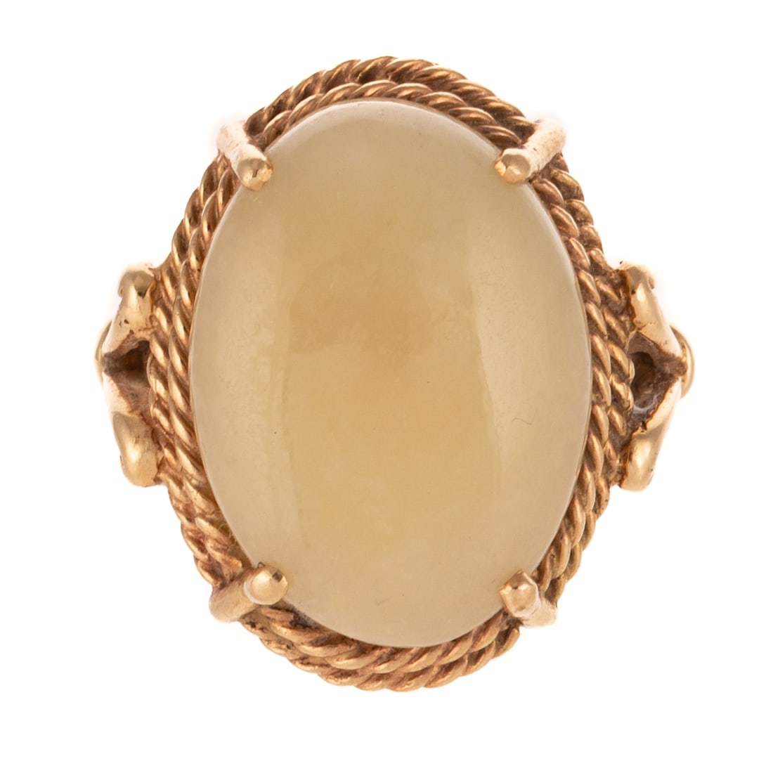 A White Jade Ring in 14K: 14K yellow gold ring featuring a oval shaped white jade cabochon measuring 18.2 x 13.3 mm prong set in the center of a double rope frame, high polish fleur de lis split shank, sz 5.5, 6.1 grams
