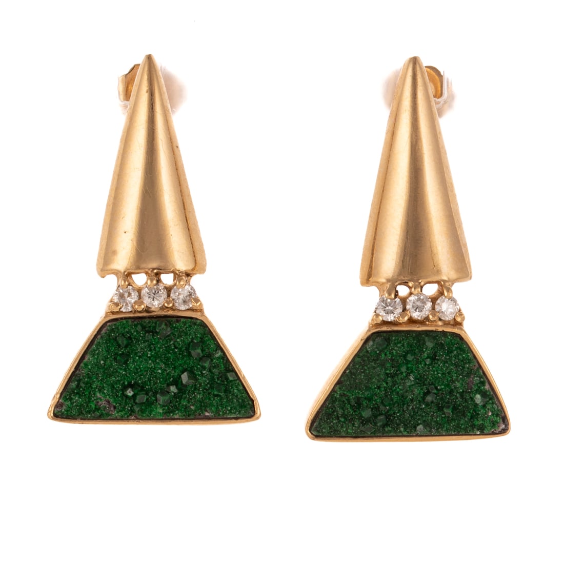 A Pair of Green Druzy Quartz Earrings in 14K: 14K yellow gold earrings featuring high polish convex triangles affixed to rows of three round diamonds prong set joined to trapezoidal panels of green druzy quartz, posts with friction backs, 1 1/4