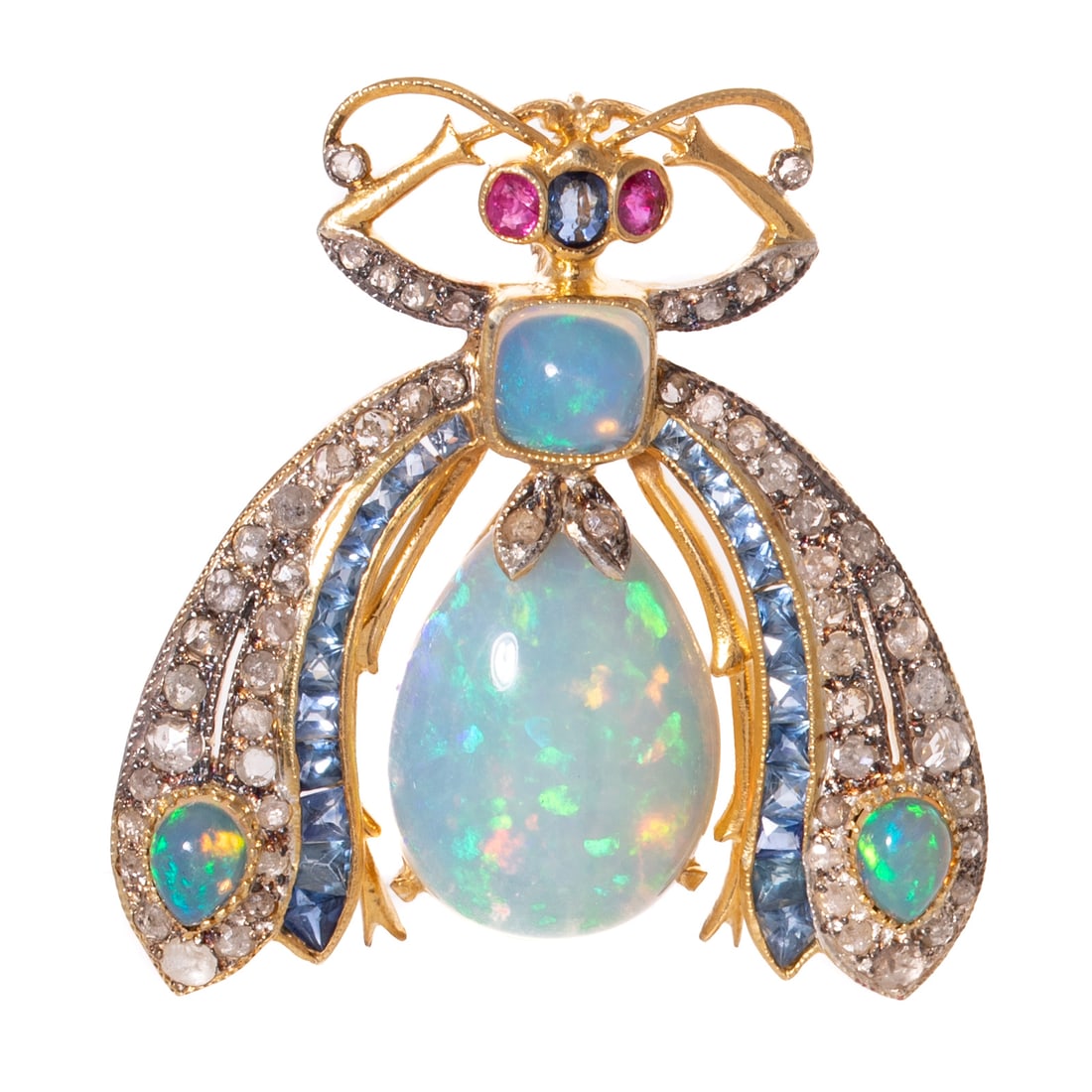 An Opal & Diamond Bee Pin/Pendant in Vermeil: Vermeil and sterling silver bee pin/pendant featuring one square and three pear shape cabochon opals prong and bezel set on the body and wings weighing approx. 9.00 ctw, rose cut diamonds weighing app