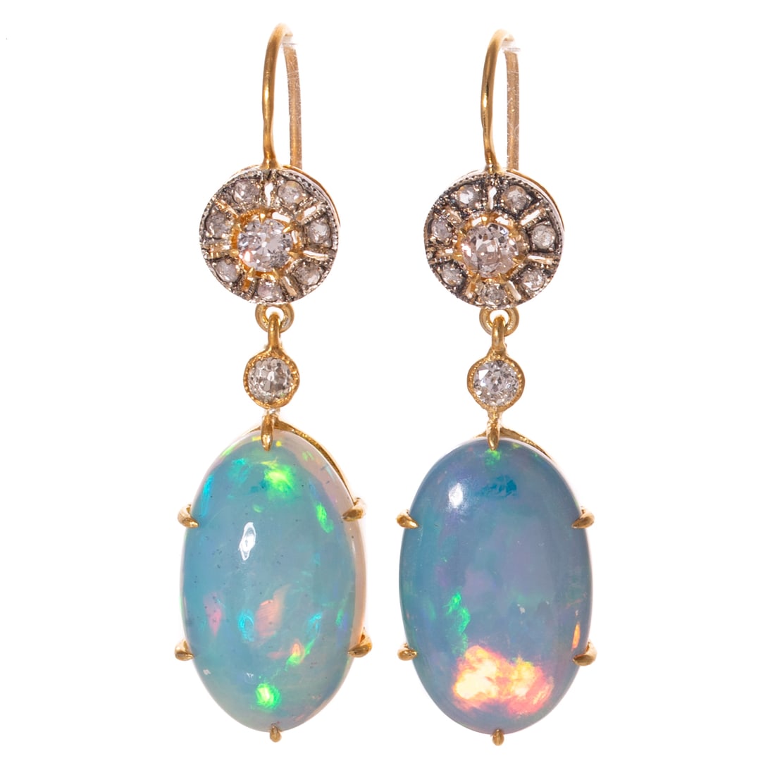 A Pair of Opal & Diamond Dangle Earrings: Vermeil dangle earrings featuring oval cabochon opals weighing approx. 11.00 ctw prong set below an Old Mine cut diamond bezel set and upper dangle with a central Old Mine cut diamond and rose cut dia