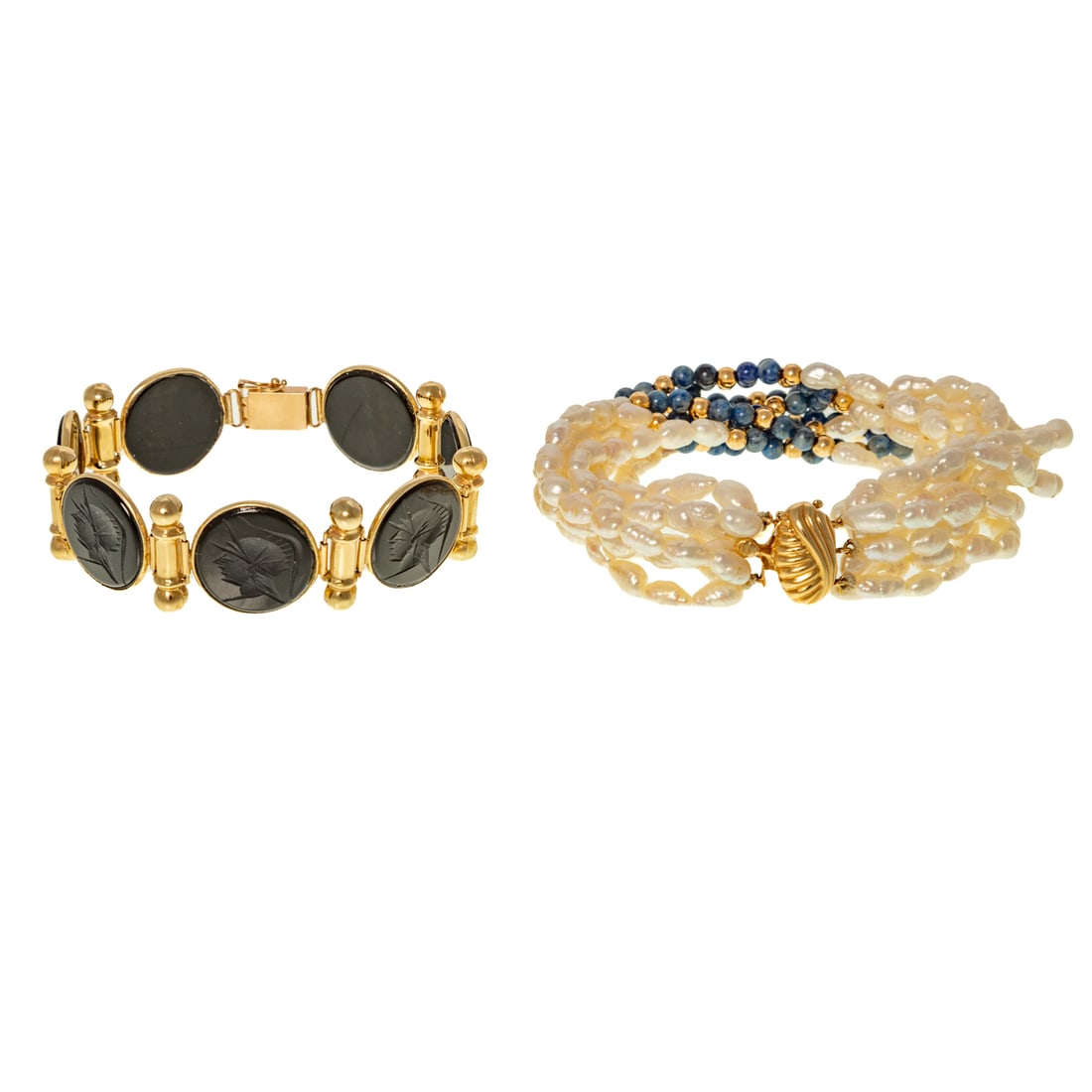 An Onyx Intaglio & Multi-Strand Bracelet in 14K: 1) 14K yellow gold link bracelet featuring bezel set round carved black onyx intaglios, box clasp with safety latch, 7.5 in. L, and 2) 14K yellow gold oval clasp with 8 strands of FWP and lapis beads