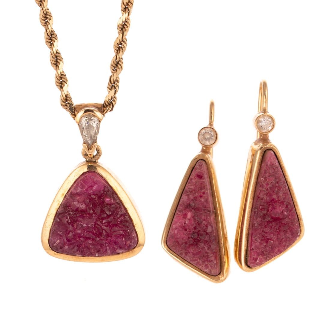 A Druzy Earrings & Pendant Set in 14K: 1) 14K yellow gold earrings featuring triangular shaped druzy pink tourmaline bezel set below round diamonds weighing approx. 0.20 ctw bezel set, long posts with hinged catch, 1 1/4 in. L, and 2) 14K