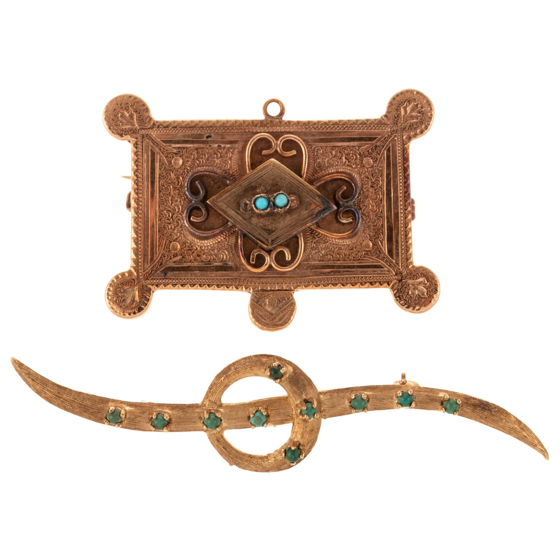 Two Victorian Brooches with Turquoise in Gold: 1) c.1870s, 14K yellow gold Etruscan Revival brooch with scrolls and hand engraved details with a central plaque featuring turquoise beads, 1 1/2 in. L, and 2) 10K yellow gold antique curved bar pin