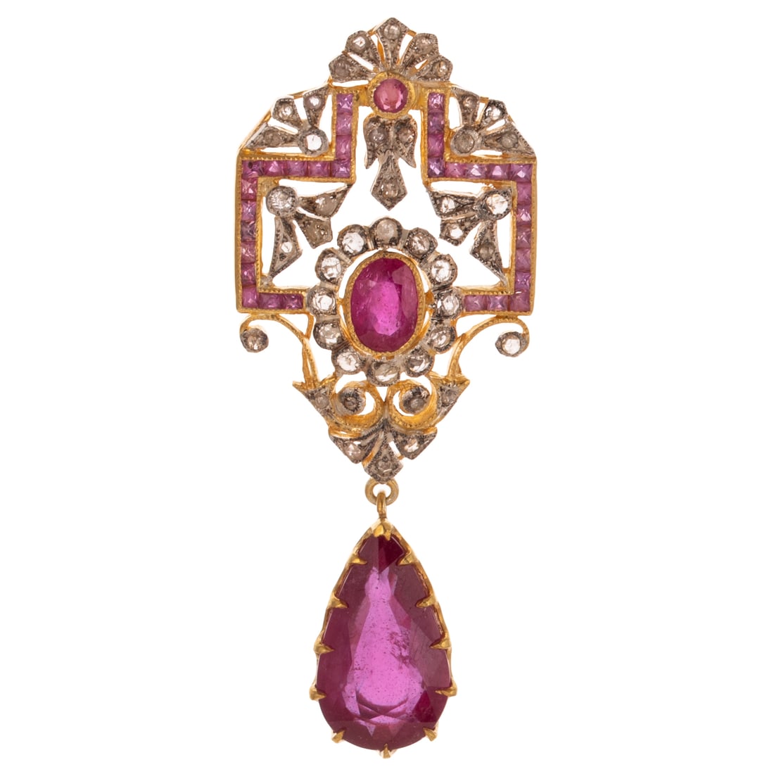 An Art Deco Style Ruby & Diamond Pendant: Vermeil and sterling silver pendant featuring oval, round and French cut square rubies bezel and channel set with rose cut diamonds weighing approx. 0.70 ctw bead and bezel set in a delicate filigree 