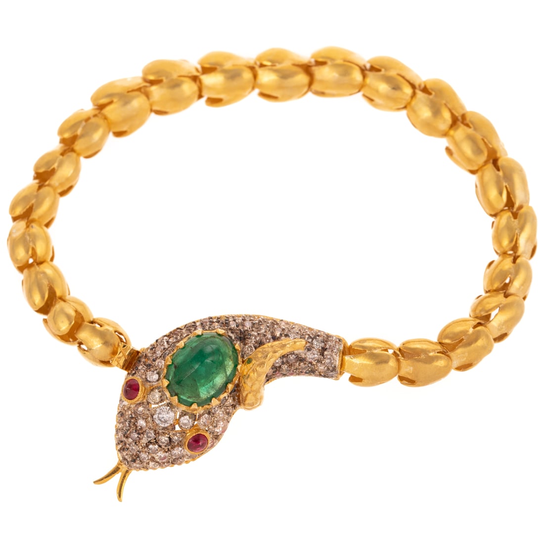 An Emerald, Diamond & Ruby Snake Bracelet: Vermeil snake bracelet featuring a sugarloaf cabochon emerald weighing approx. 3.60 carats, prong set in the center of pave diamond head, weighing approx. 1.40 ctw, and with cabochon ruby eyes, bezel