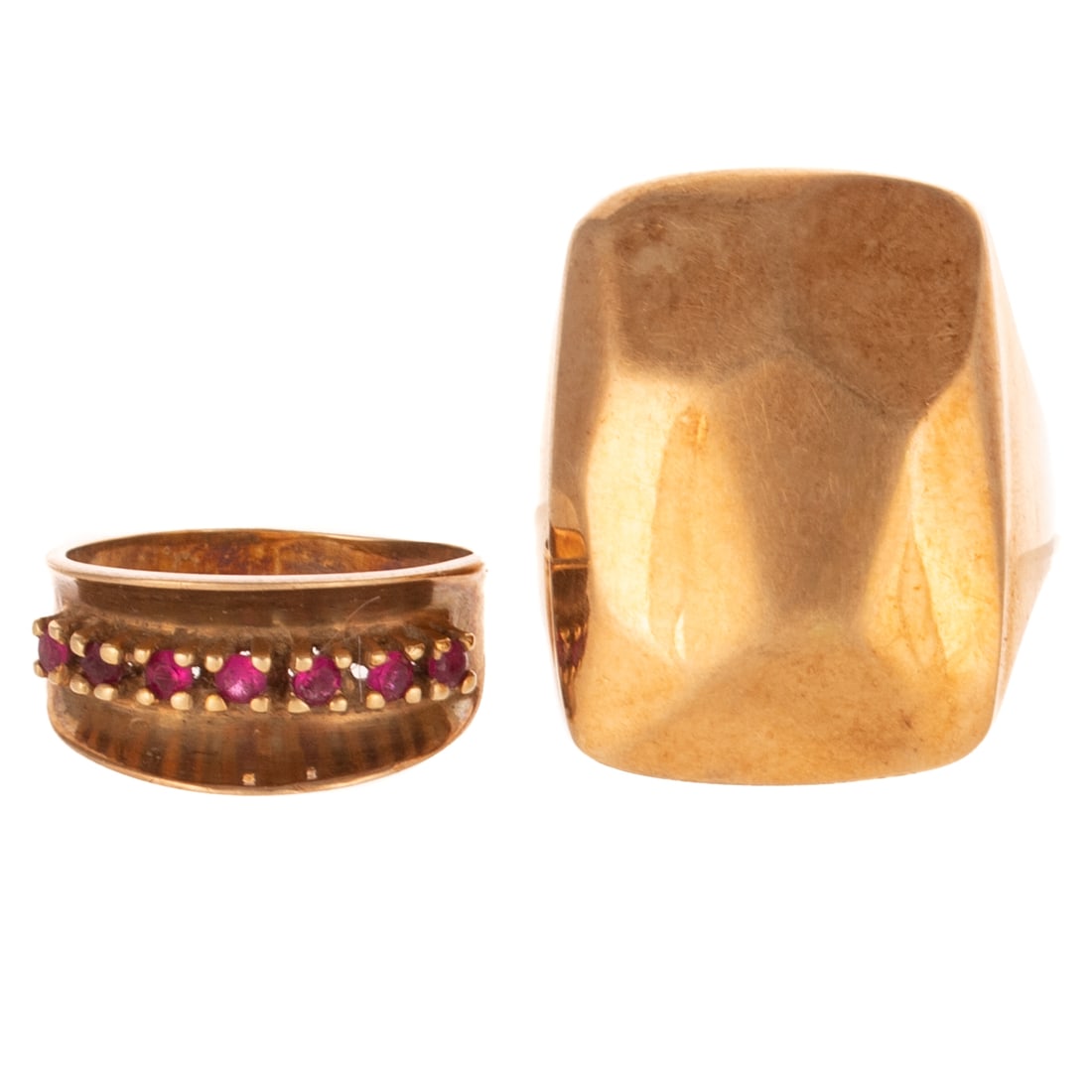 Two Vintage Rings in 14K: 1) 14K yellow gold Italian high polish faceted ring, signed "L," sz 6.25, and 2) 14K yellow gold vintage ring featuring a line of round rubies prong set in a line at the base of a high polish concave 