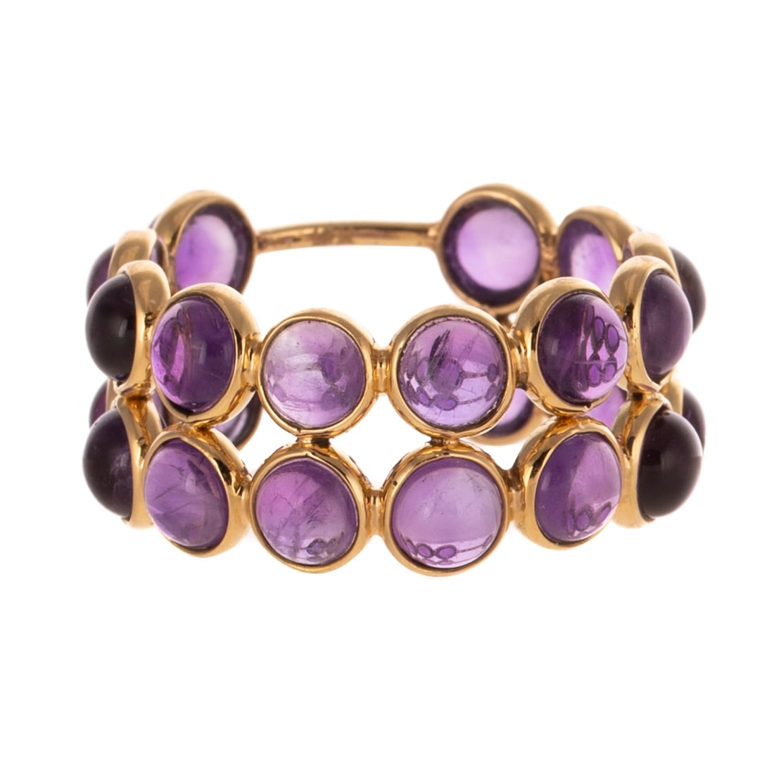 A Double Row Bezel Set Amethyst Band in 18K: 18K yellow gold double row band featuring well matched round amethyst cabochons, bezel set with sizing bar in the back, approx. 6.50 ctw, sz 7, 3.5 grams