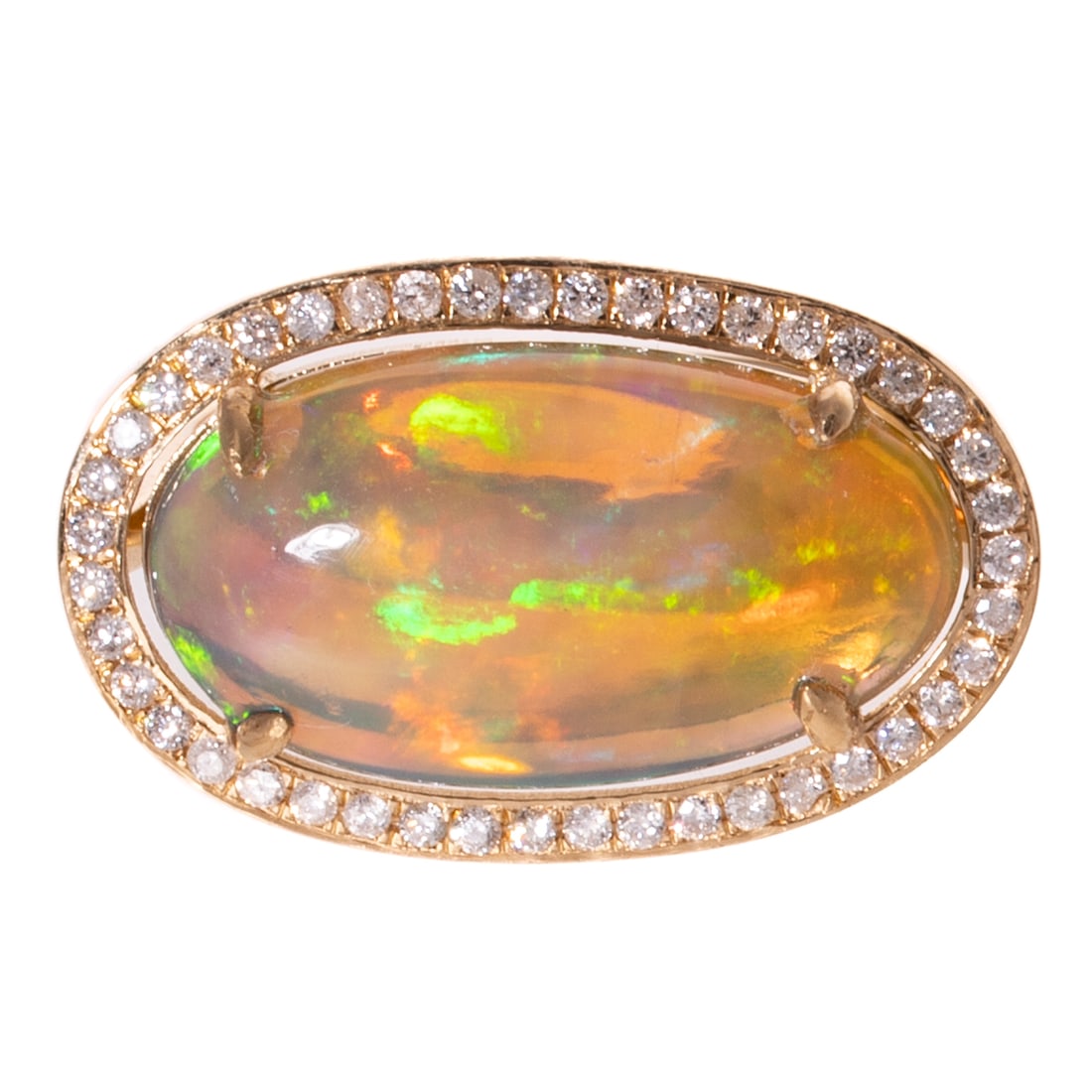 A Modern Opal & Diamond Ring in 18K: 18K yellow gold cocktail ring featuring an oval freeform black opal weighing approx. 6.15 carats set in prongs with a diamond halo, approx. 0.50 ctw, sz 7, 5.8 grams