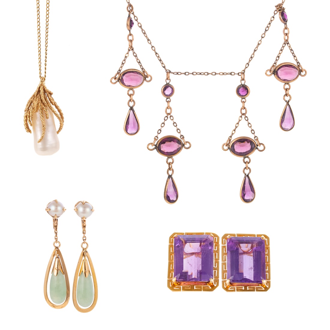 A Pair of Amethyst Earrings, Pearl Jewelry & More: 1) 14K yellow gold earrings with emerald cut amethyst measuring 16.5 x 13.5 mm, prong set above a Greek key style pierced border, posts with Omega backs, 7/8 in. L, 2) 18K yellow gold drop earrings wi
