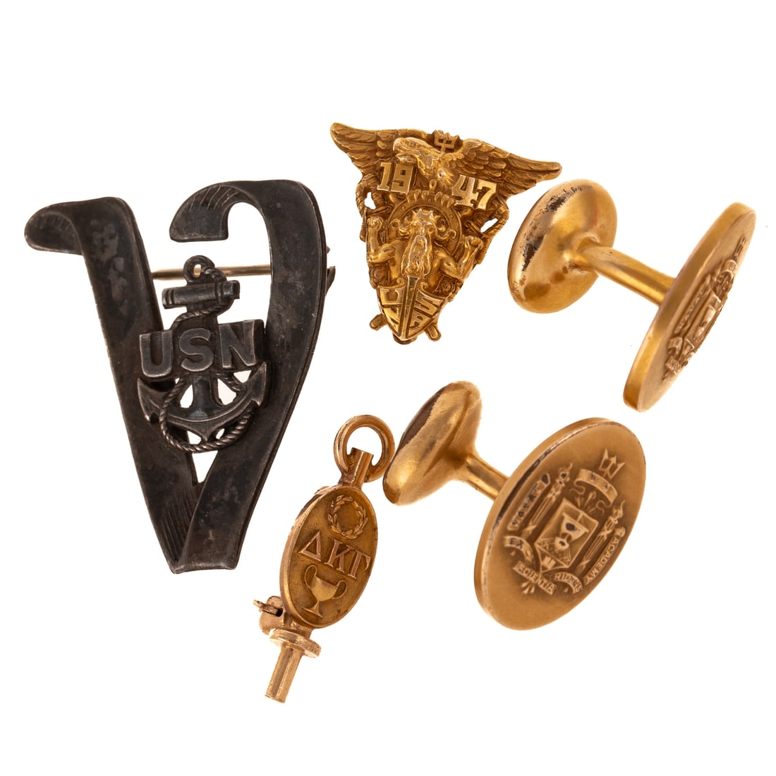 A Collection of Naval Academy Accessories & More: 1) 1947 14K yellow gold United States Naval Academy pin, 5/8 in. L, 2) Vintage gold filled pair of US Naval Academy cufflinks by Krementz, signed, 3/4 in. W, 3) Vintage sterling silver US Navy pin, 1 