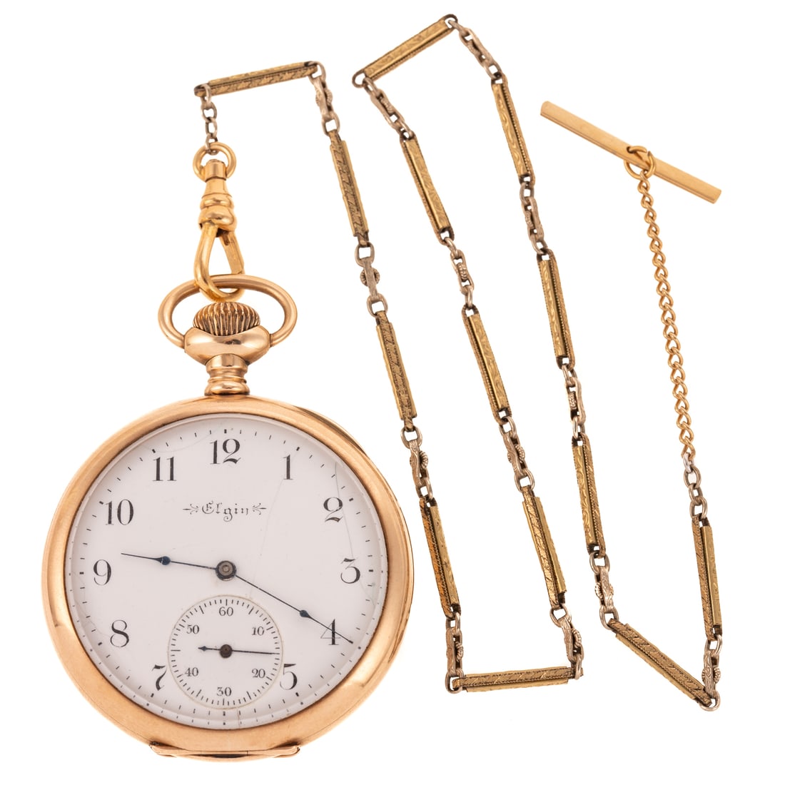 An Early 20th Century Elgin Pocket Watch in 14K: c.1900, 14K yellow gold open face pocket watch with white dial, Arabic numerals and second hand sub dial, high polish back, 7 jewel mechanical movement #8053448, case #1302491 3/4 in. W, hanging on 1/