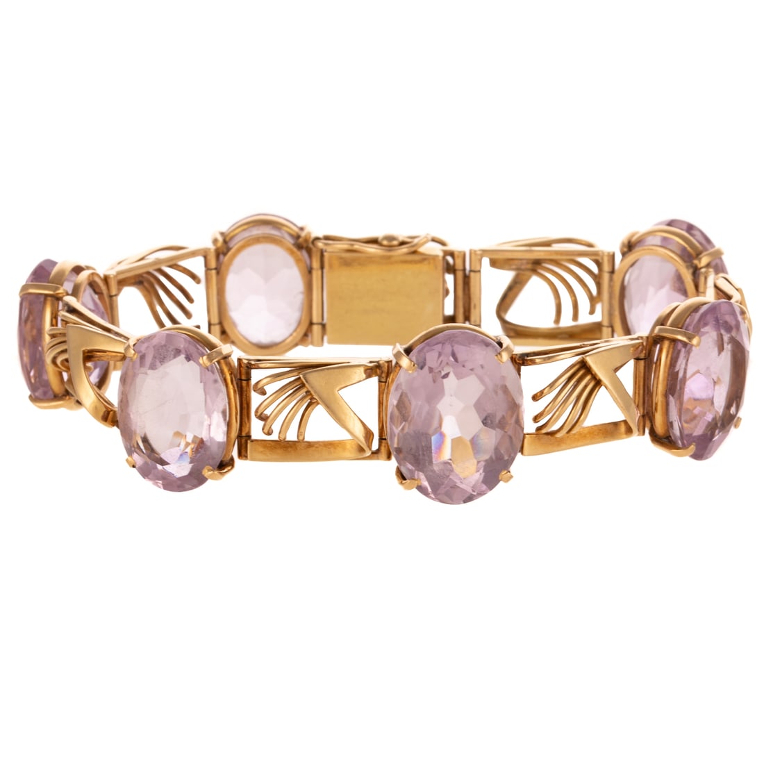 An Amethyst Panel Bracelet in 18K: 18K yellow gold panel bracelet featuring six oval shaped lavender amethyst ranging in size from 16.5 x 12.96 mm to 20.1 x 15.1 mm, prong set and alternating with high polish open panel links with wire