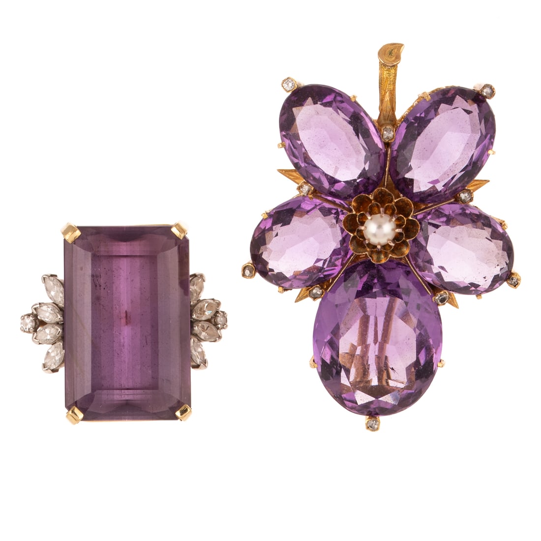 An Amethyst Leaf Brooch & Cocktail Ring in 14K: 1) 14K yellow gold leaf brooch featuring large oval amethyst creating leaves with rose cut diamond accents and FWP in center, 2 in. L, and 2) 14K yellow gold cocktail ring featuring an emerald cut