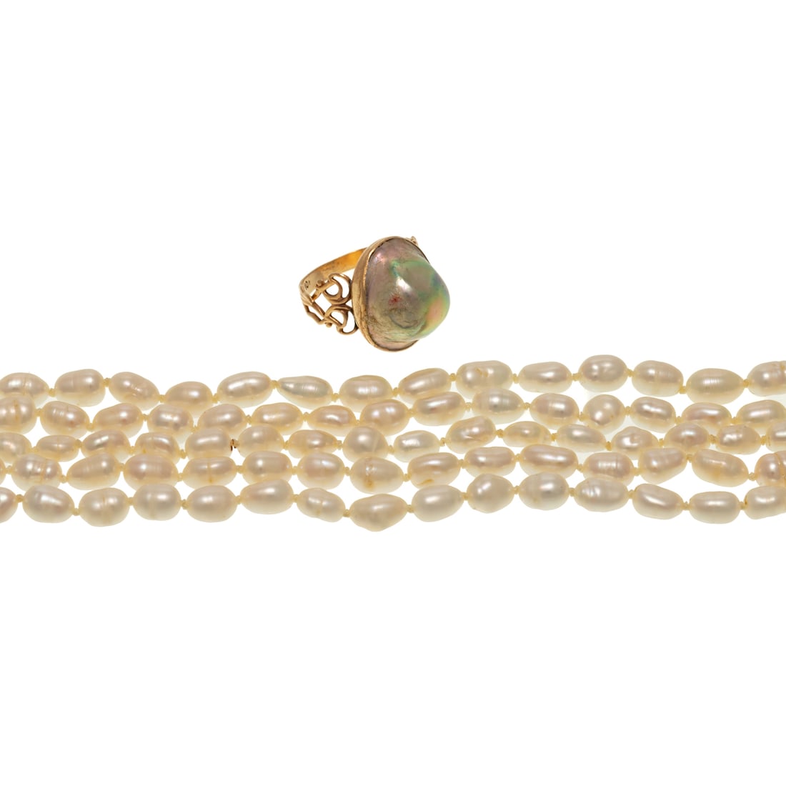 A Multi-Strand Freshwater Pearl Necklace & Ring in 14K: 1) 14K yellow gold five strand freshwater pearl choker with filigree clasp, 15 in. L, and 2) 10K yellow gold ring featuring a Mabe pearl bezel set, filigree shoulders and ribbed shank, sz 4, 54.7
